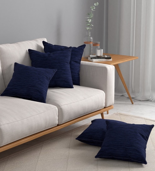 Navy Blue Textured Polyester 32 x 32 Inches Cushion Covers (Set of 5) by ROSARAHOME