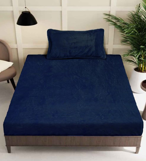 Navy Blue Solid 300 TC Woollen Fitted Single Bedsheet with Pillow Cover