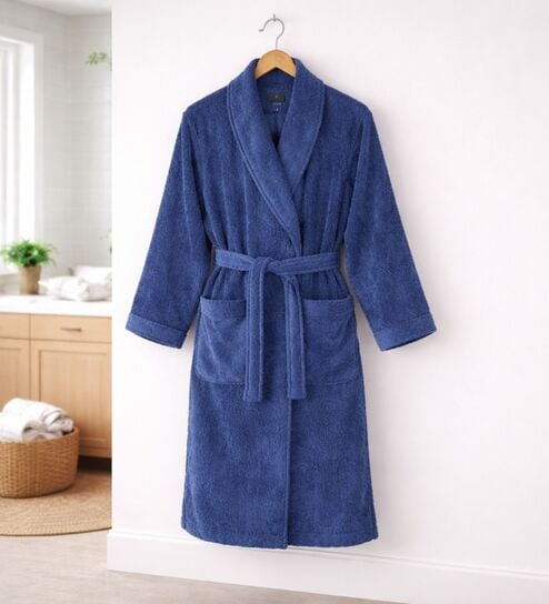 Navy Blue Solid Cotton Men Bath Robe With Belt (L)