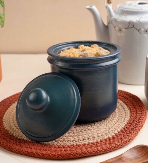 srjana Navy Blue Terracotta Handcrafted Cylindrical Jar With Lid-picture-5