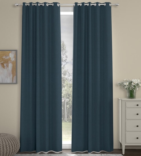 Navy Blue Velvet Solid 9ft Regular Eyelet Long Door Curtains (2 Pc)