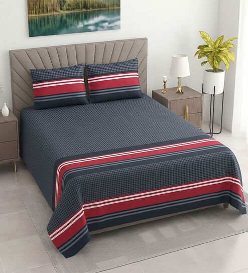 Navy Geometric 400 TC Cotton Superking Size Bedsheet With 2 Pillow Covers Threads Stripes Collection