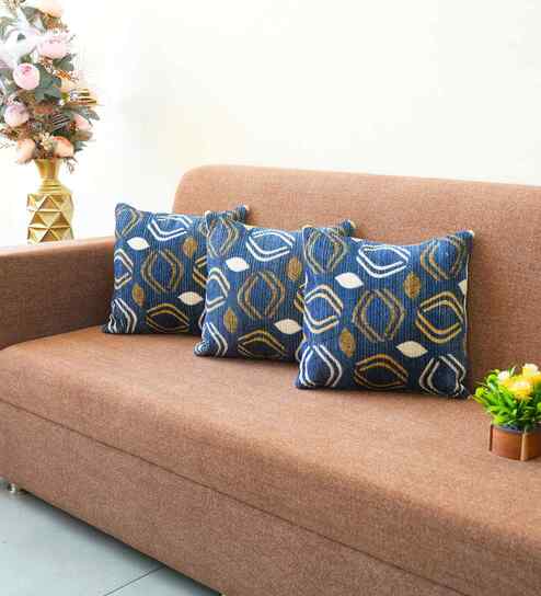 Navy Polyester Abstract 16x16 inches Cushion Covers Set of 3
