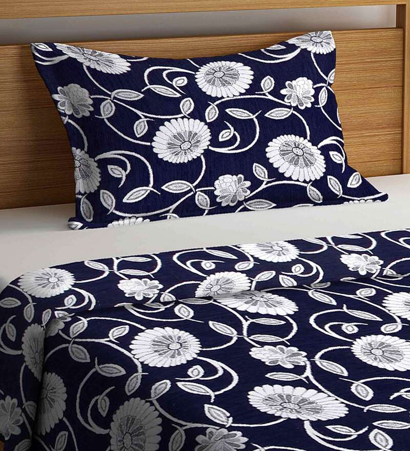 Buy Navy Blue Jackquard Cotton Single Bed cover With Pillow Cover by