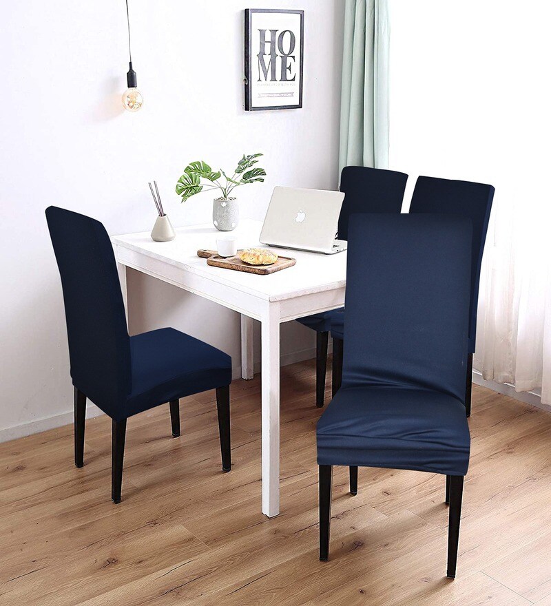 Buy Navy Blue Polyester Plain Solid 38x14 Inches Chair Cover (Set of 4