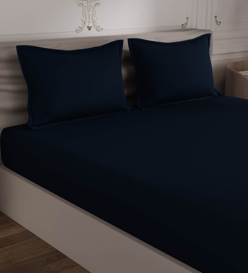 Buy Navy Blue Solid 400 TC 100 Cotton King Sized Bedsheet With 2