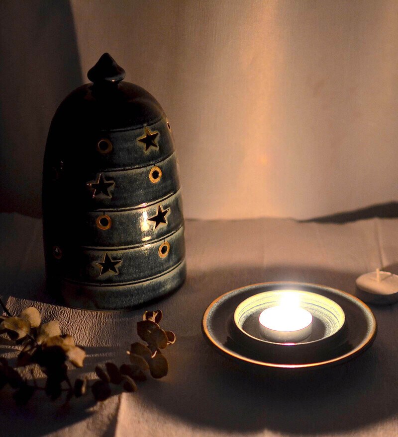Buy Navy Ceramic Mavi Candle Lamp light Holder By Swaa Clay Studio