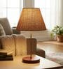 Natural Jute Fabric Shade Table Lamp, Brown Wooden Base Bedside & Desk Light for Bedroom, Living Room & Home Decor