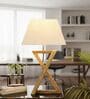 Natural Walnut Finish Solid Wood Table Lamp with White Fabric Shade