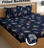 Navy Blue 200 TC Floral Cotton Fitted Double Bedsheet 2 Pillow covers