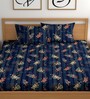 Navy Blue 200 TC Floral Cotton Fitted Double Bedsheet 2 Pillow covers