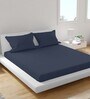 Navy Blue Solid 200 TC Cotton Blend King Sized Bed Sheets with 2 Pillow Covers