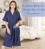Navy Blue Solid Cotton Women Bath Robe With Belt (L)