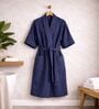 Navy Blue Solid Cotton Women Bath Robe With Belt (S)