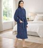 Navy Blue Solid Cotton Women Bath Robe With Belt (S)