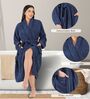 Navy Blue Solid Cotton Women Bath Robe With Belt (XL)