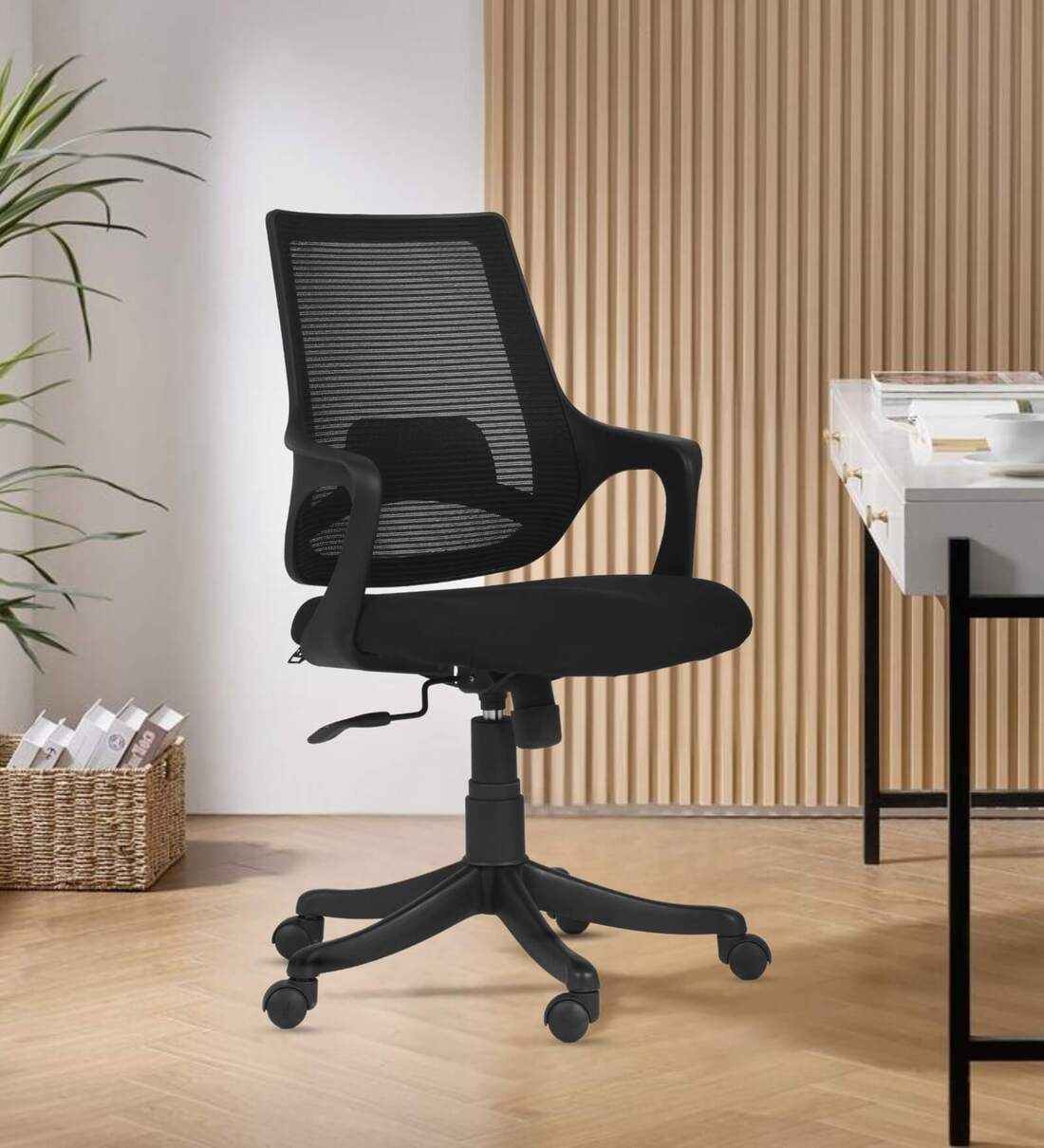Buy Neo Black Mid Back Mesh Revolving chair with Fixed Armrest at