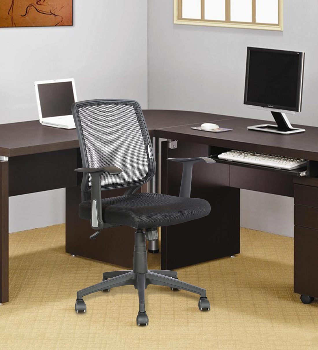 Buy Neo Ergonomic Chair in Black Colour By HomeTown Online Mid Back