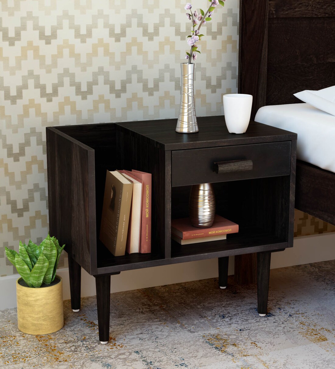 Buy Nexo Solid Wood Bed Side Table With Book Shelf On Right In Warm Chestnut Finish By Woodsworth Online Contemporary Night Stands Tables Furniture Pepperfry Product