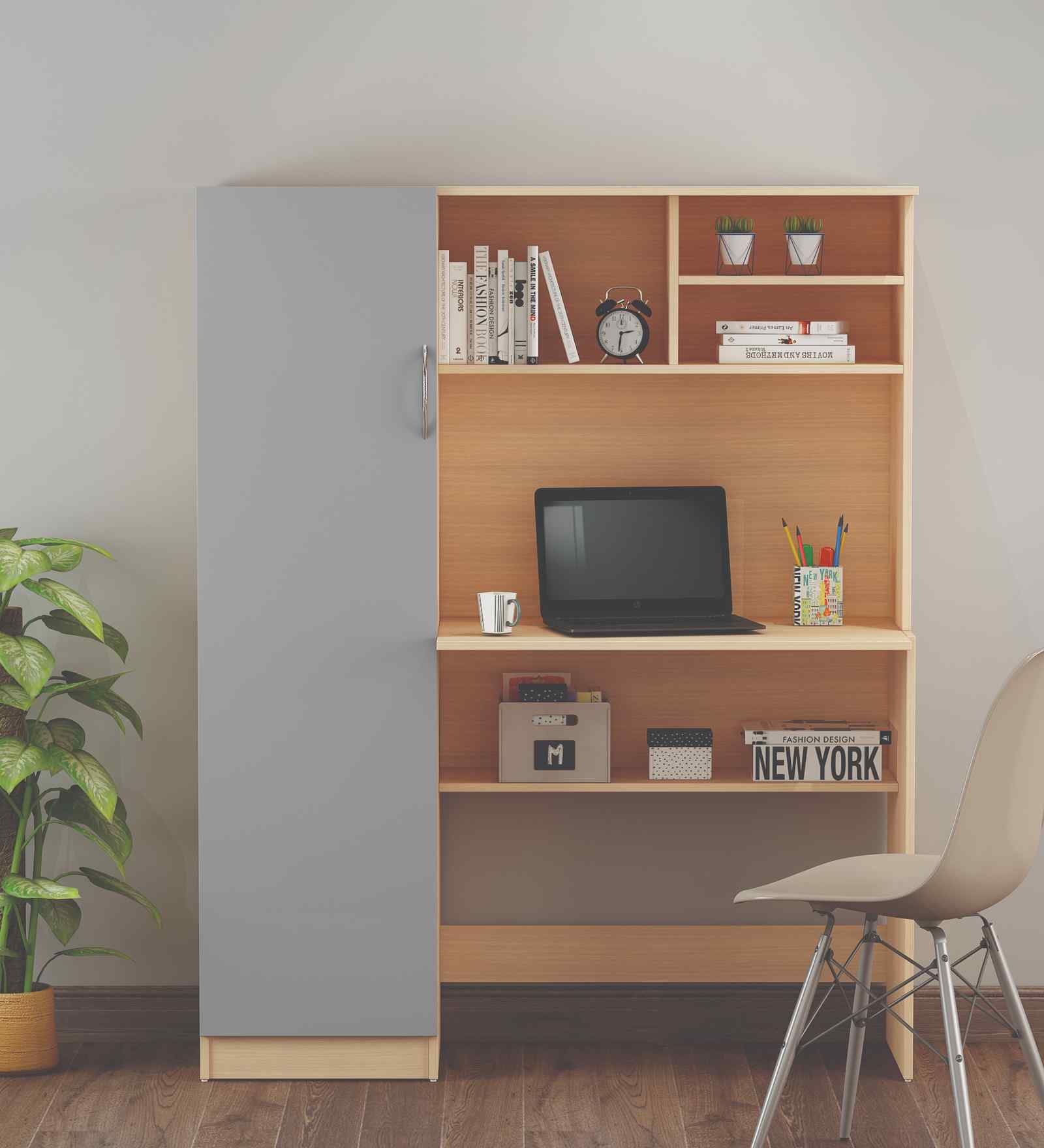 Nector Hutch Desk In Beige Teak and Gothic Grey Finish