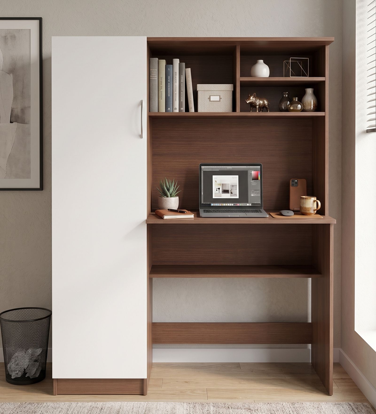 Nector Hutch Desk In Planked Walnut And White Finish Nector Hutch Desk In Planked Walnut And White Finish