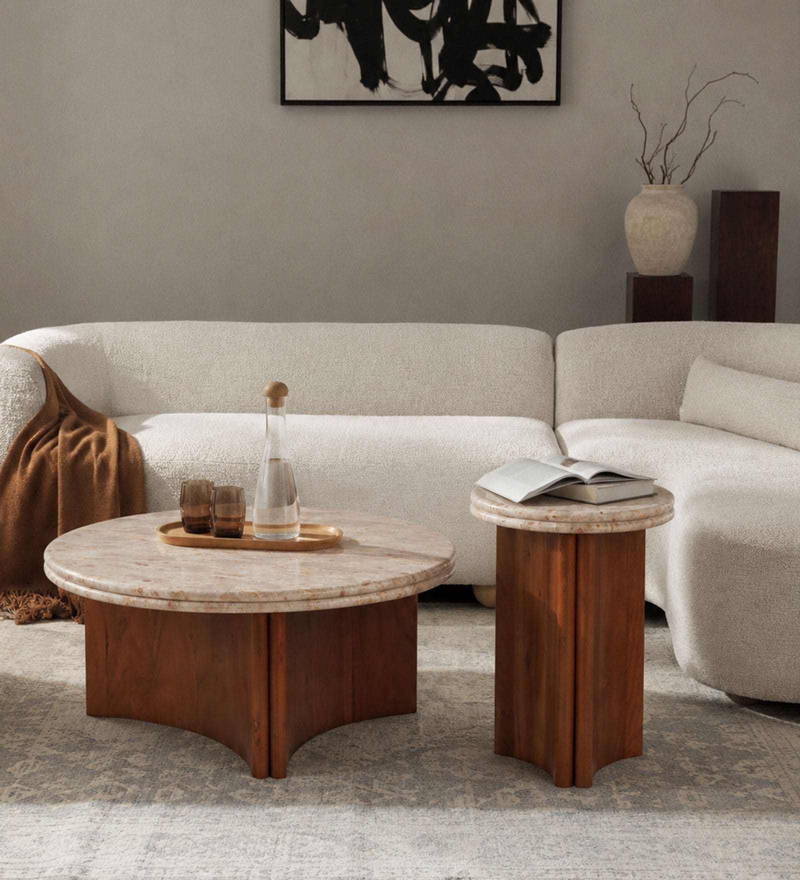 Nell Arch Coffee Table With Beige Panther Marble In Acacia Wood  Finish (Set of 2)