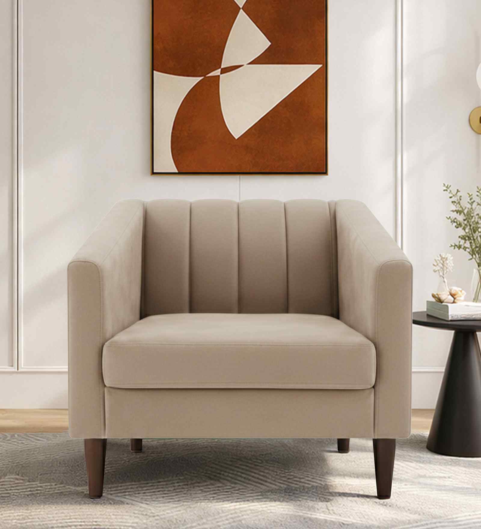 Nemo Velvet Fabric 1 Seater Sofa In Beige Color