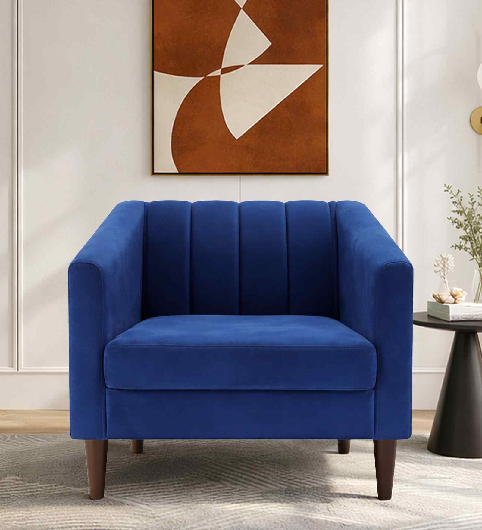 Nemo Velvet Fabric 1 Seater Sofa In Blue Color