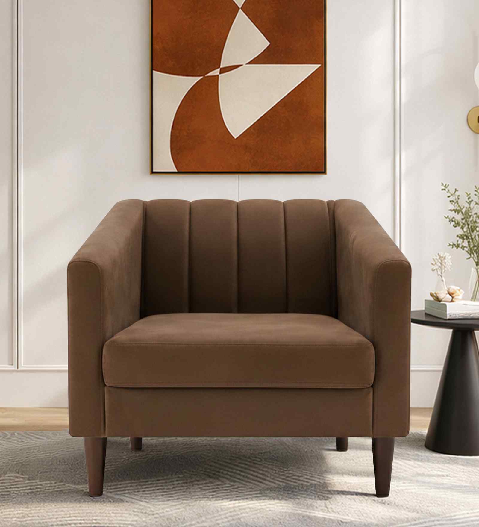 Nemo Velvet Fabric 1 Seater Sofa In Brown Color