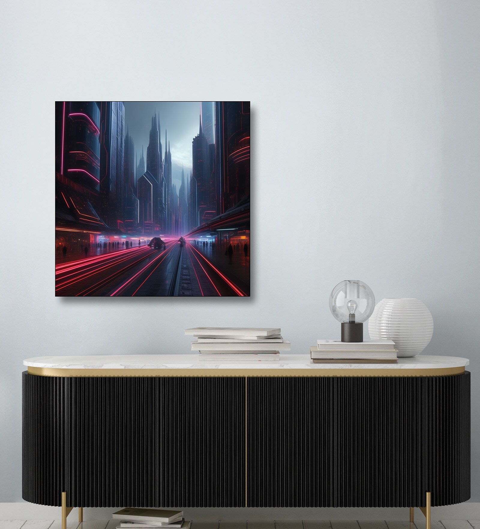 Neon Cityscape Canvas Art Print Printed Wall Painting Black Frame