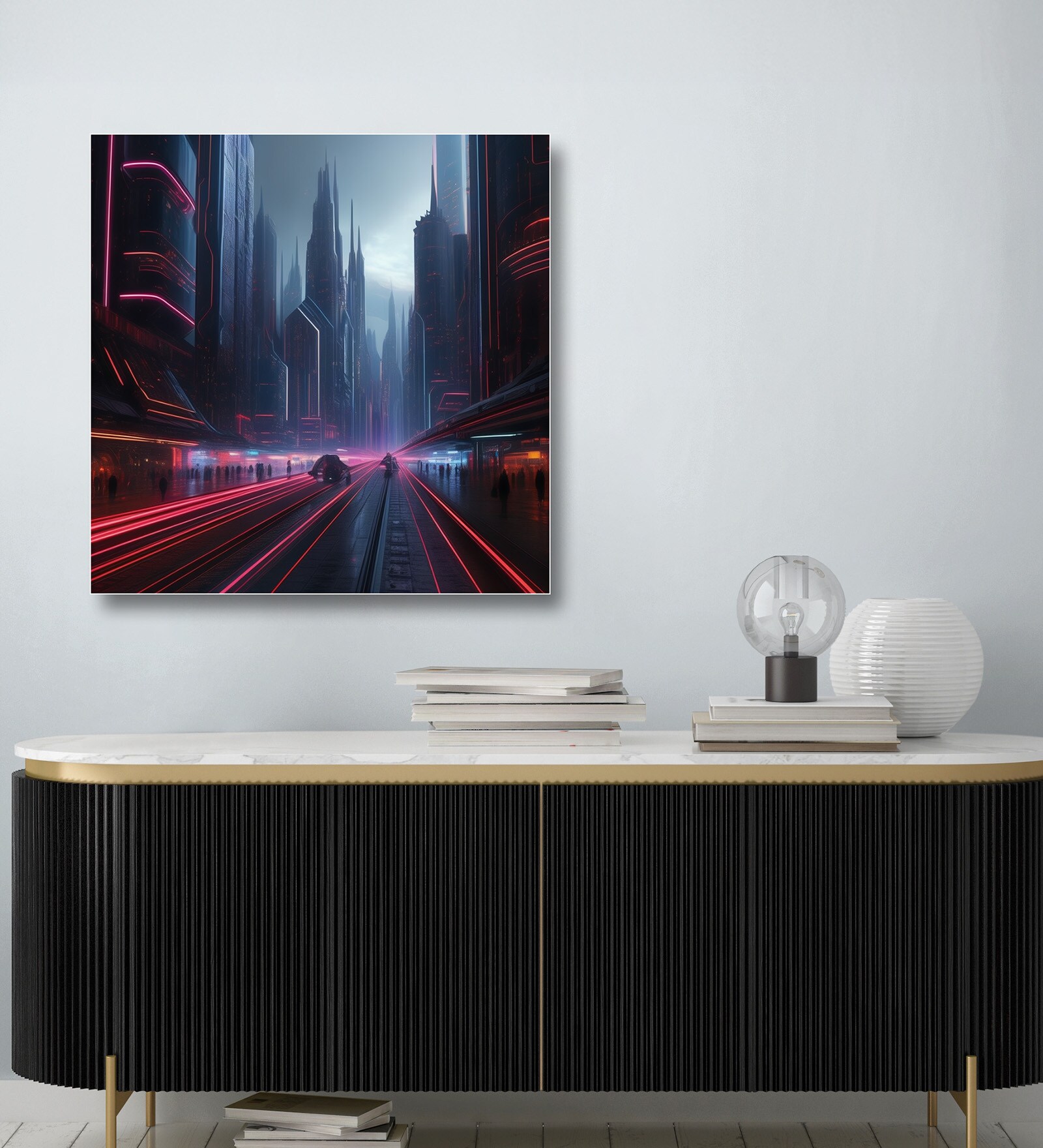 Neon Cityscape Canvas Art Print Printed Wall Painting White Frame