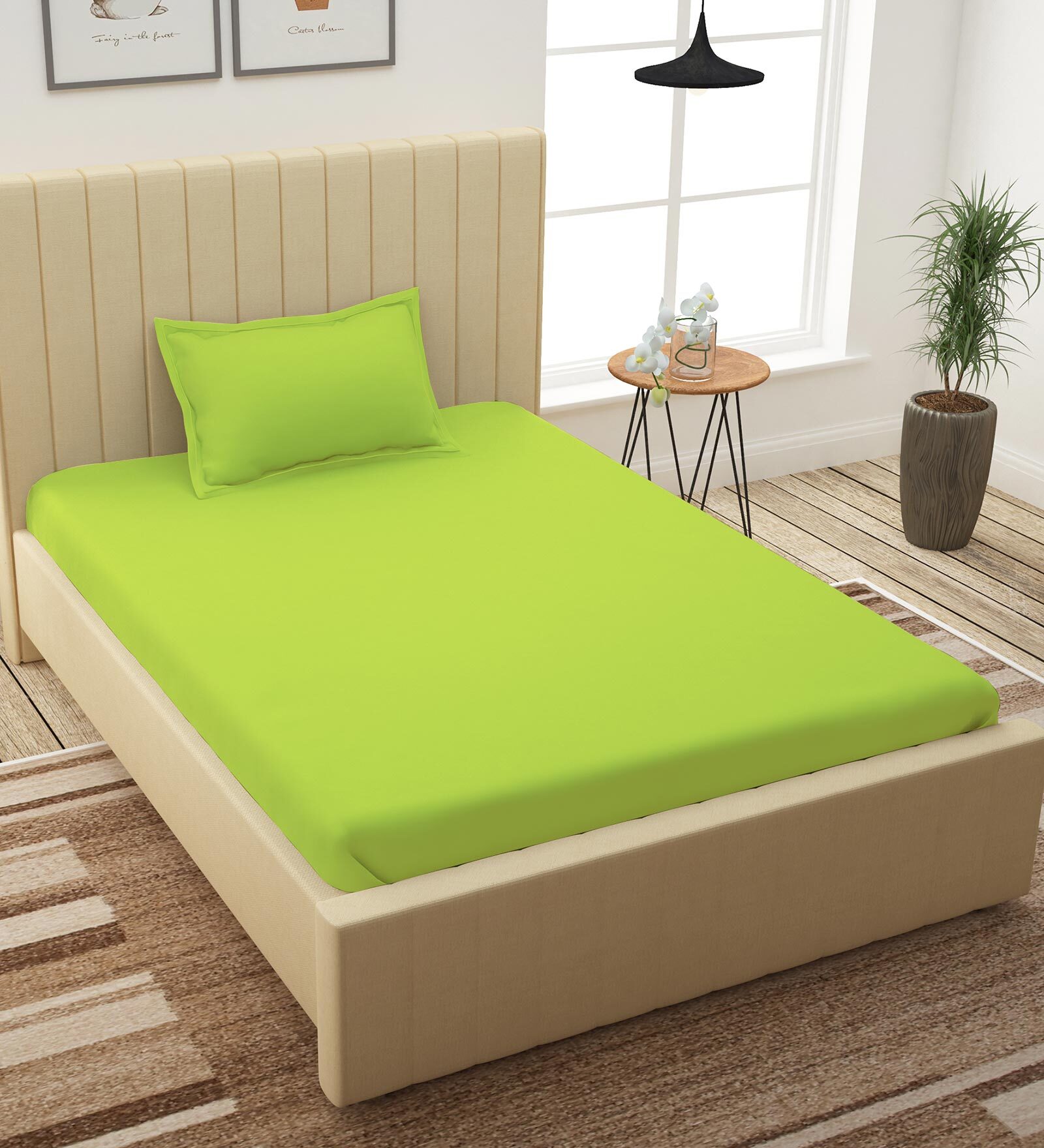 Green Solid 210 TC 100% Cotton Single Bed Sized Bed Sheets With 1 Pillow Cover