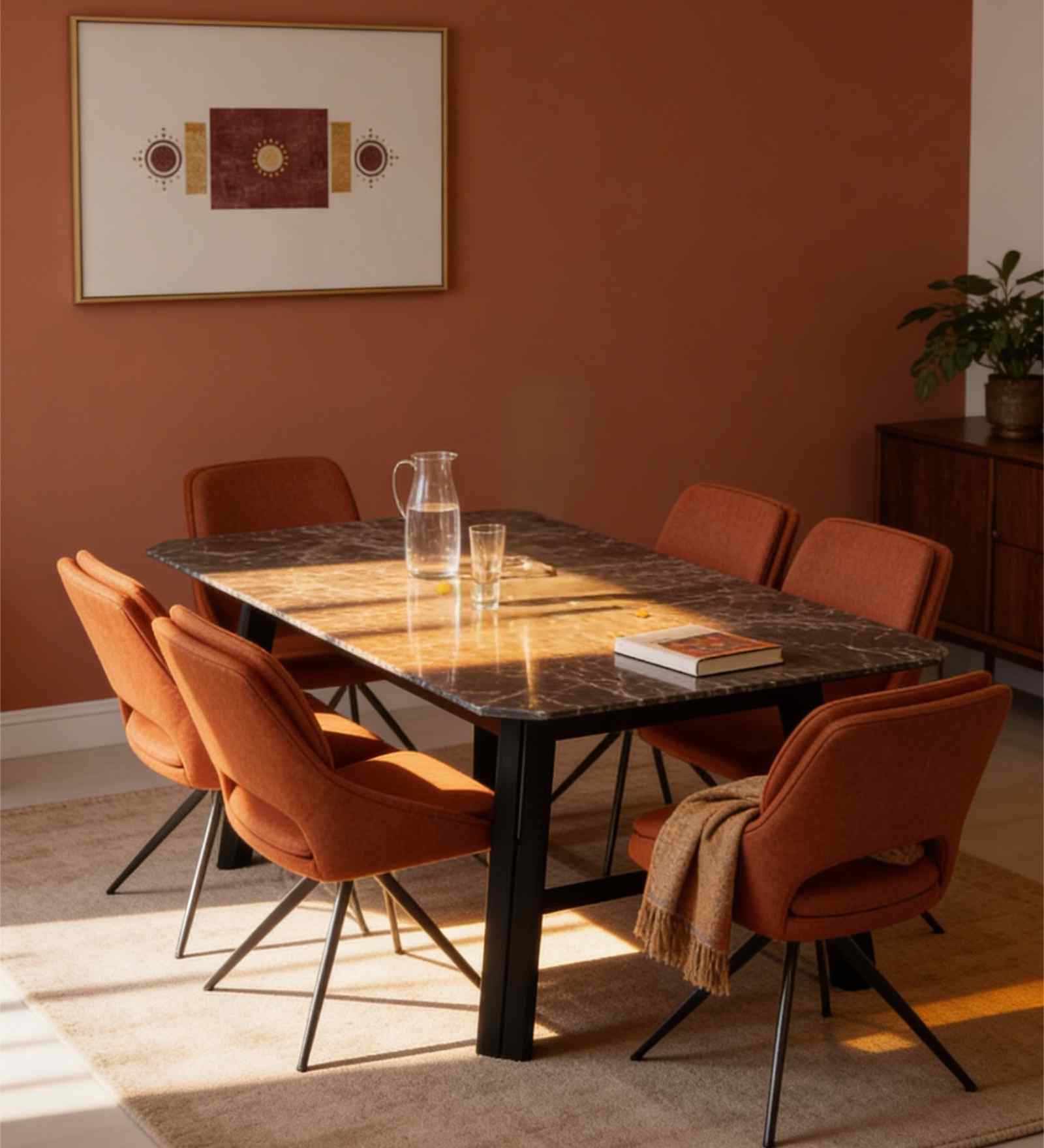 Nerova 6-Seater Dining Set In Solid Wood Base With Marble Finish