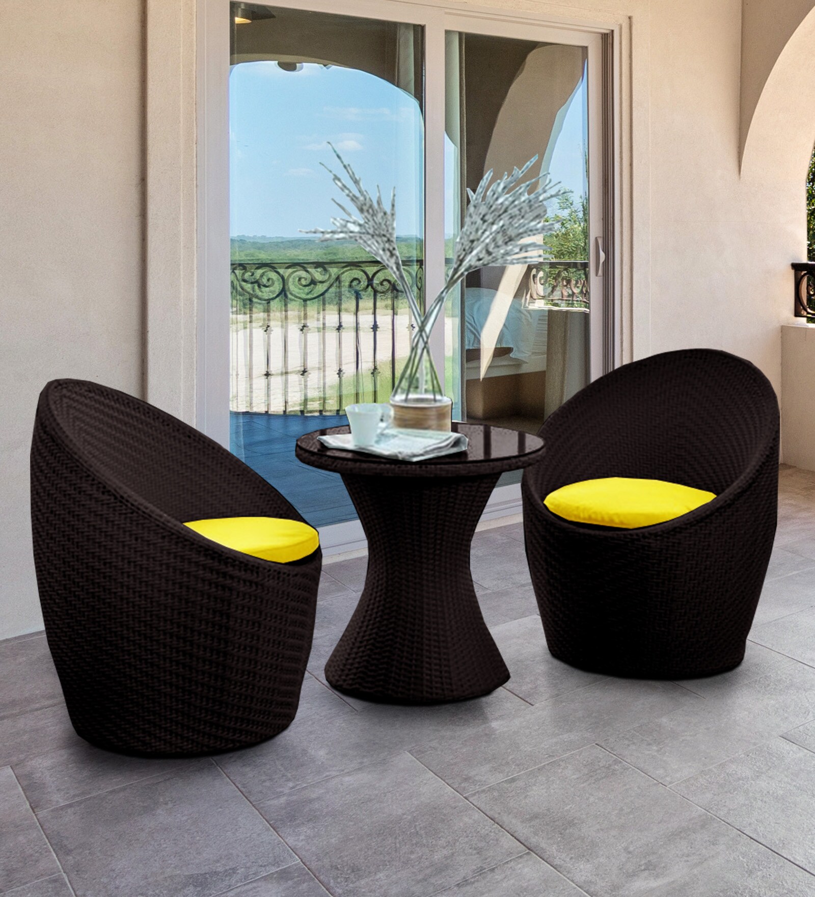 Nest Wicker Patio Table with Chair Sets in Courduroy Brown Finish