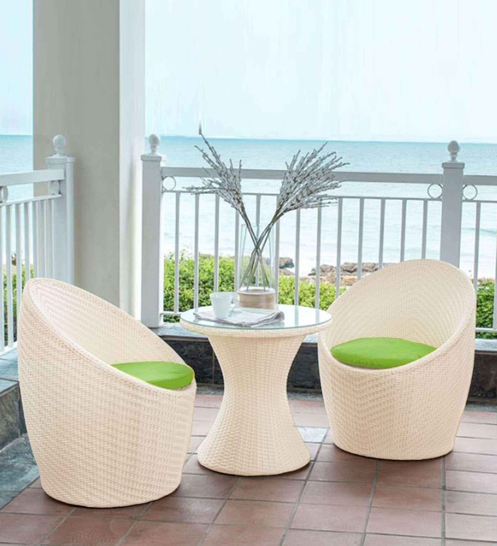 Nest Wicker Patio Table with Chair Sets in Courduroy Off White Finish