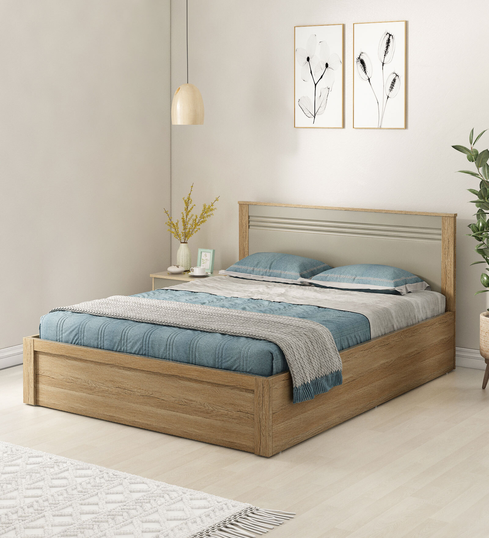 Nester Queen Sized Bed With Front Pull Out Storage In Sebastian Oak & Melamine Finish