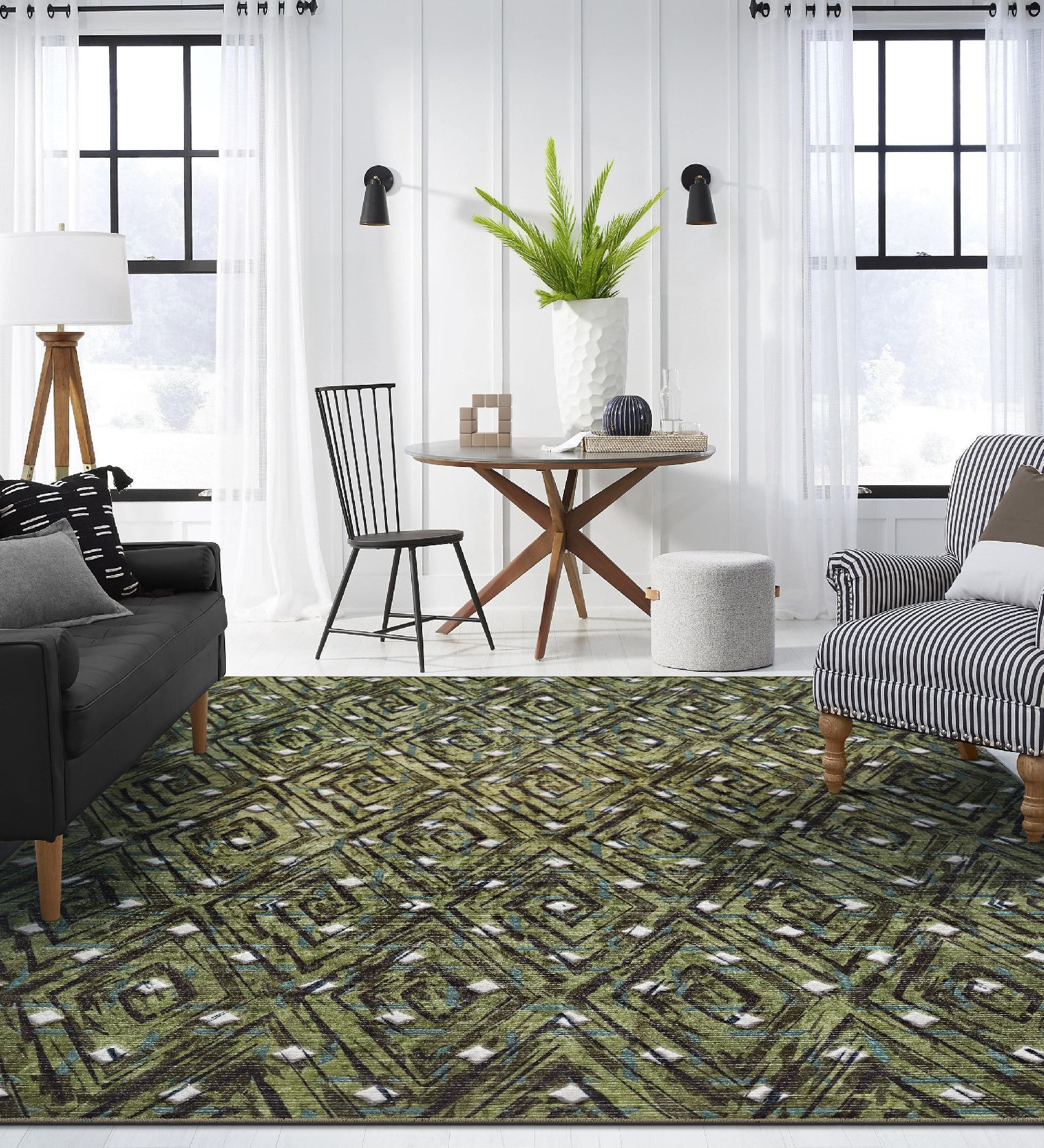 Nettle Green Geometric Polyester 6 ft x 9 ft Machine Made Carpet