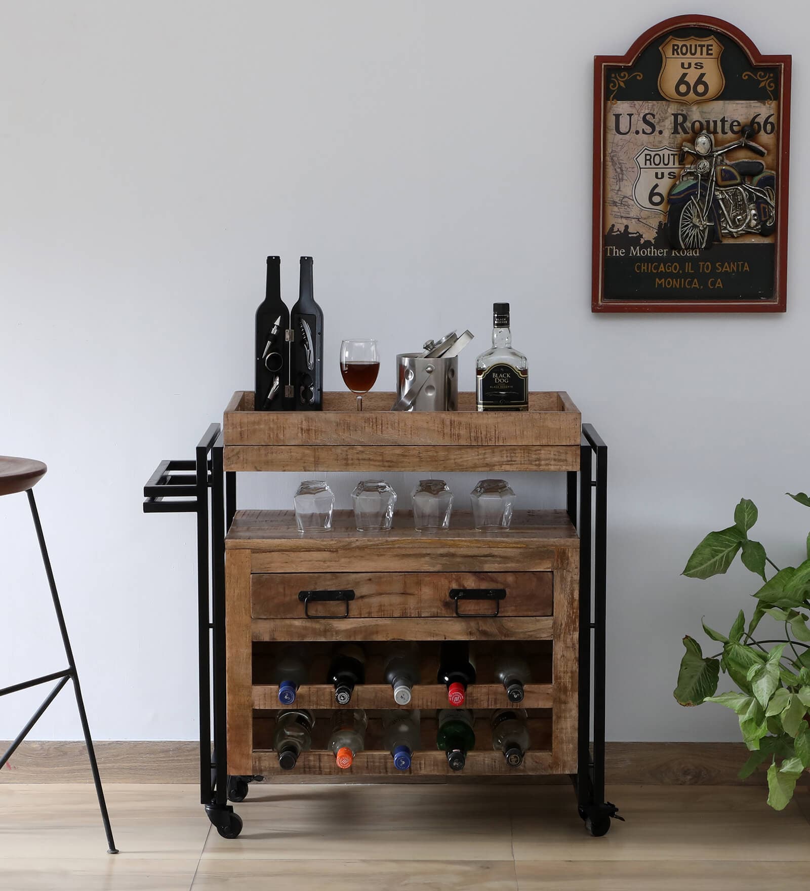 Neumark Solid Wood Bar Trolley In Natural Finish