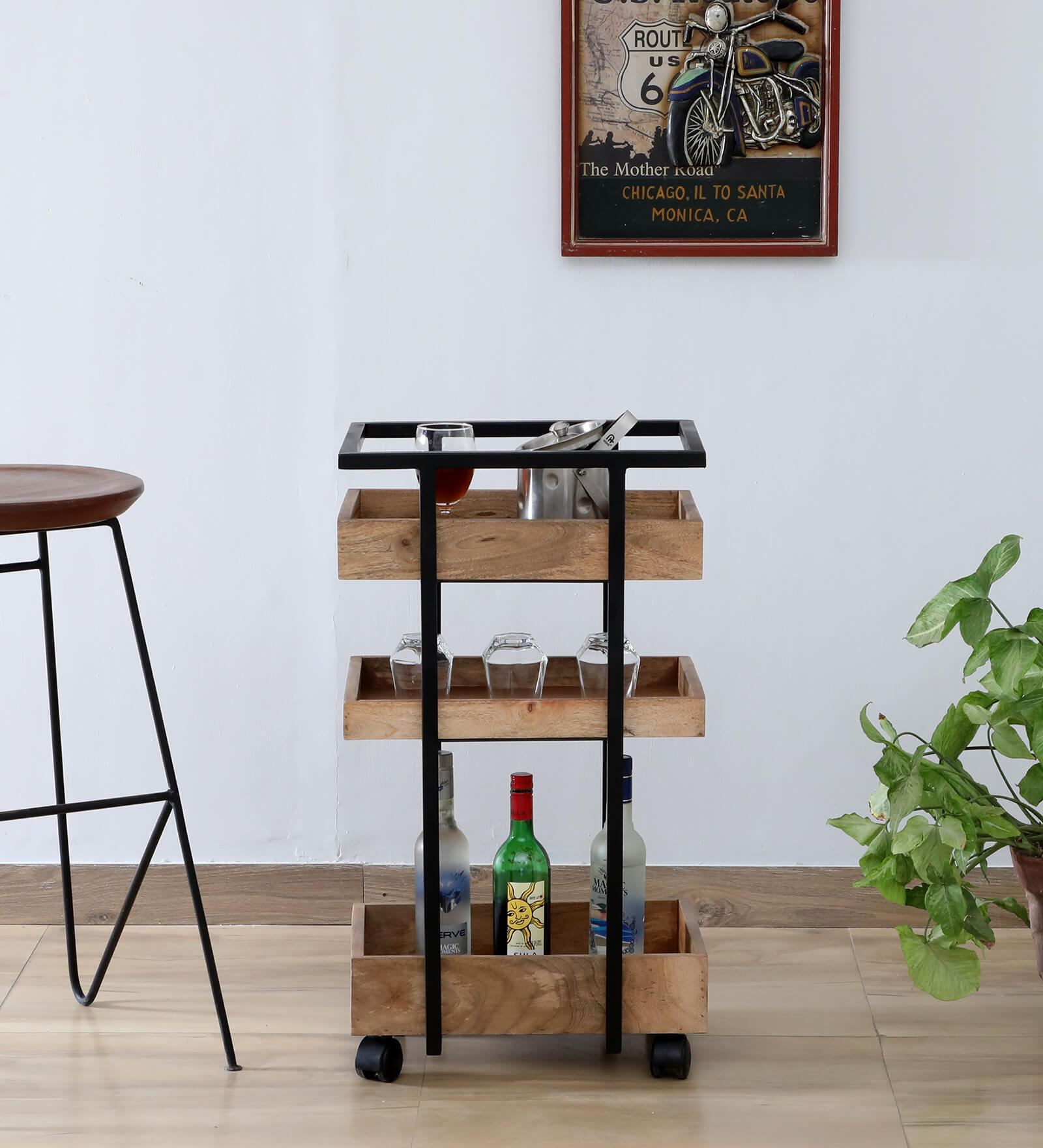 Neutal Solid Wood Bar Trolley In Natural Finish