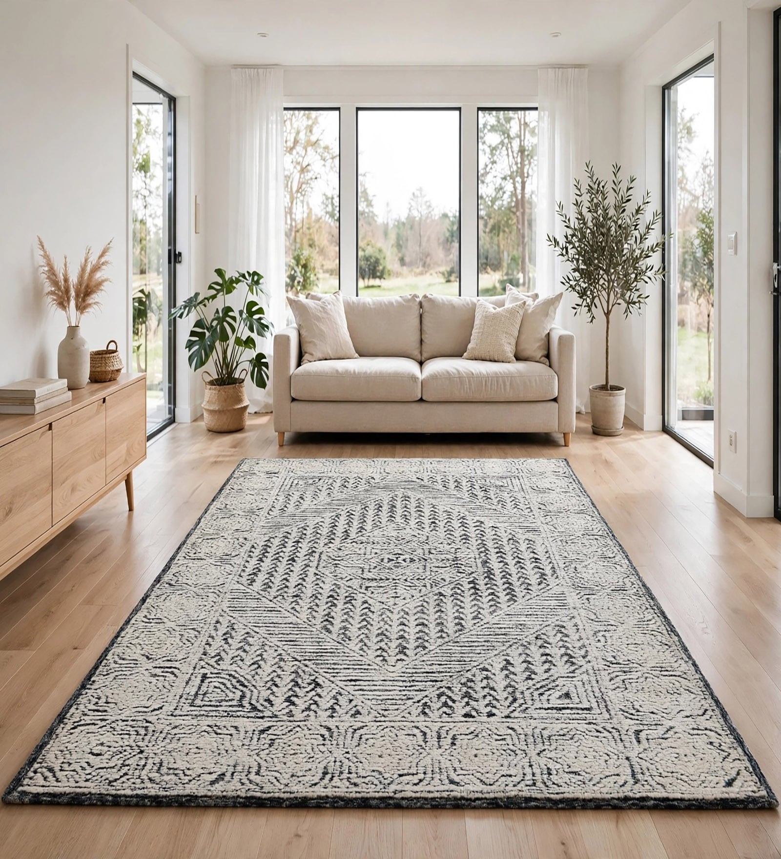 Neutral Geometric Wool And Cotton 8 X 5 Feet Hand Tufted Carpet