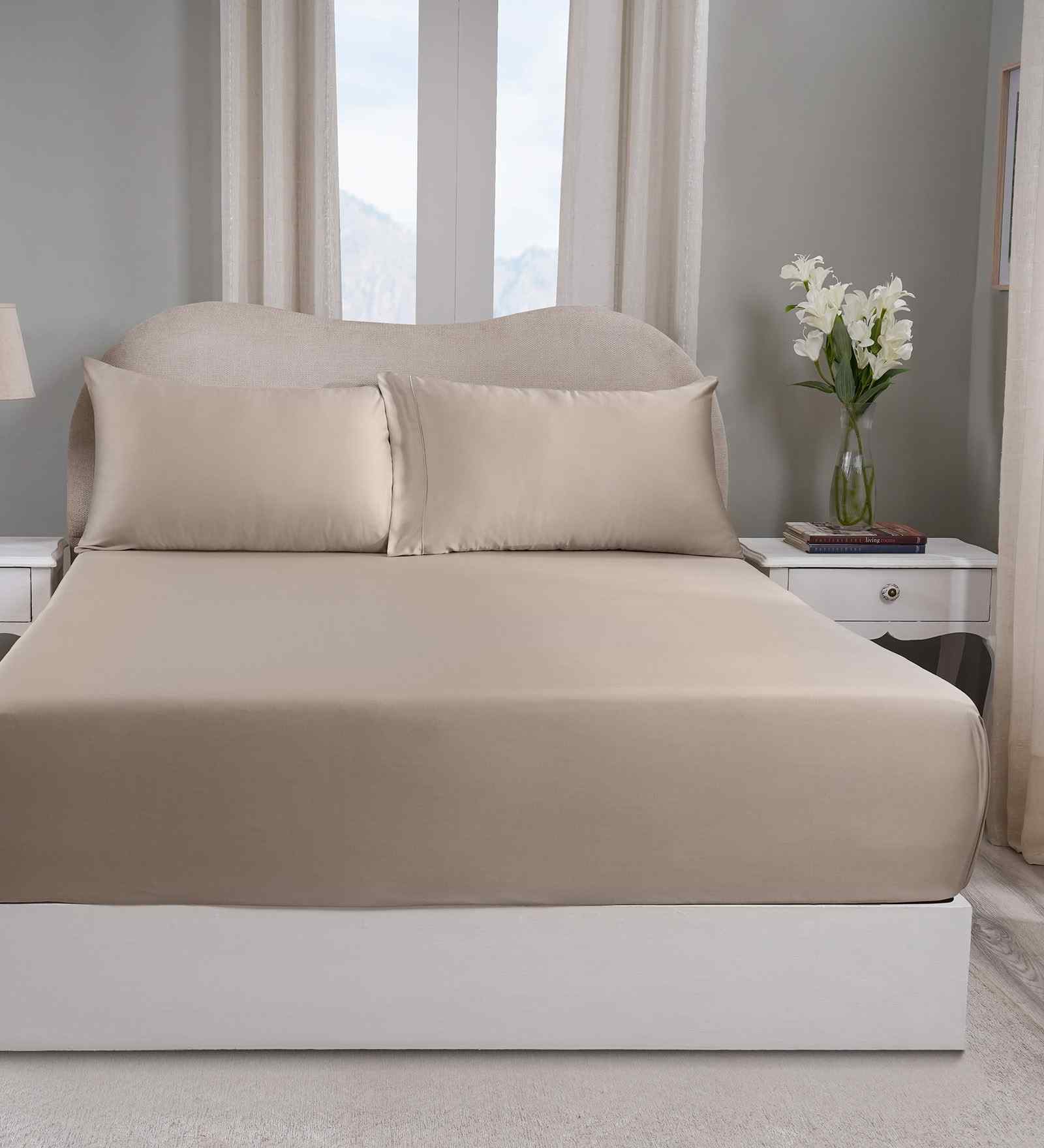 Neutral Solid 300 TC Tencel King Size Bed Sheet with 2 Pillow Covers 24 Collection