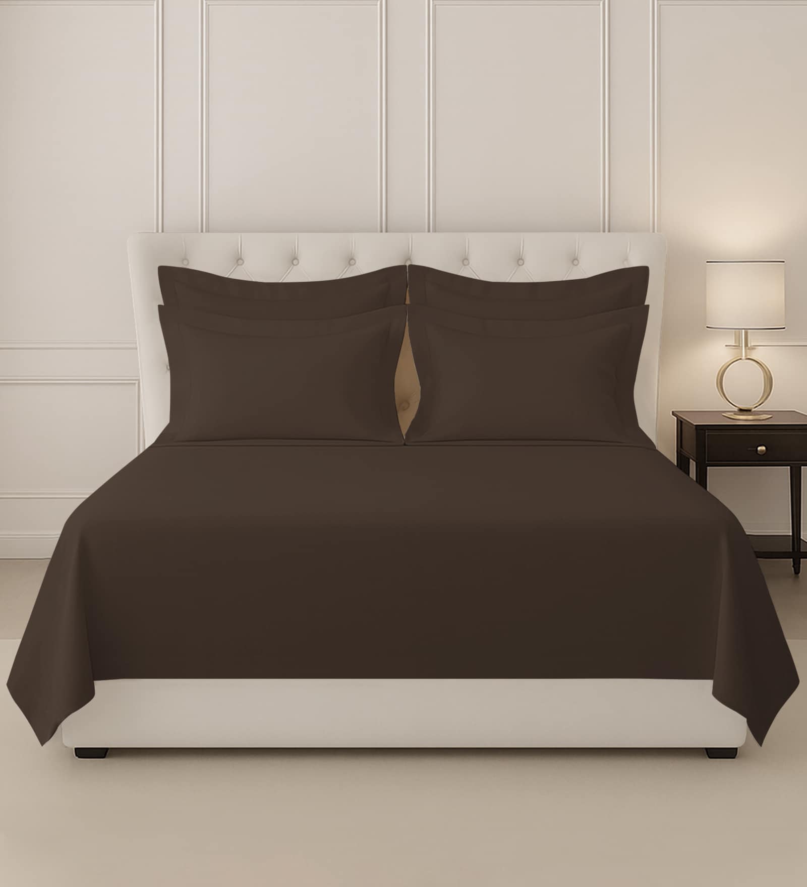 New Dark Brown Solid 400 TC Cotton Super King Sized Bedsheet with 4 Pillow Covers