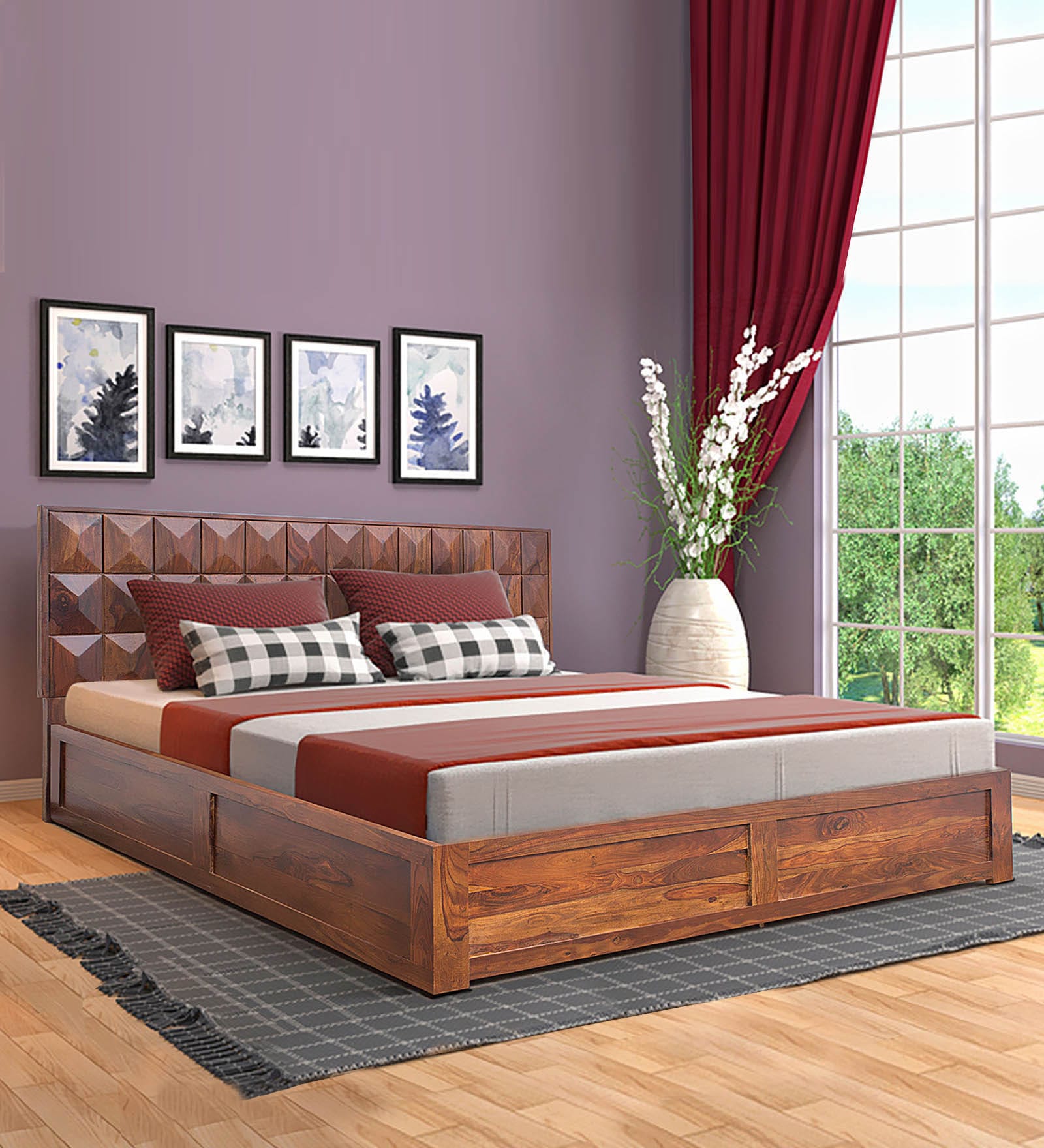 New Diamond King Size Bed With Storage Honey Natural Finish