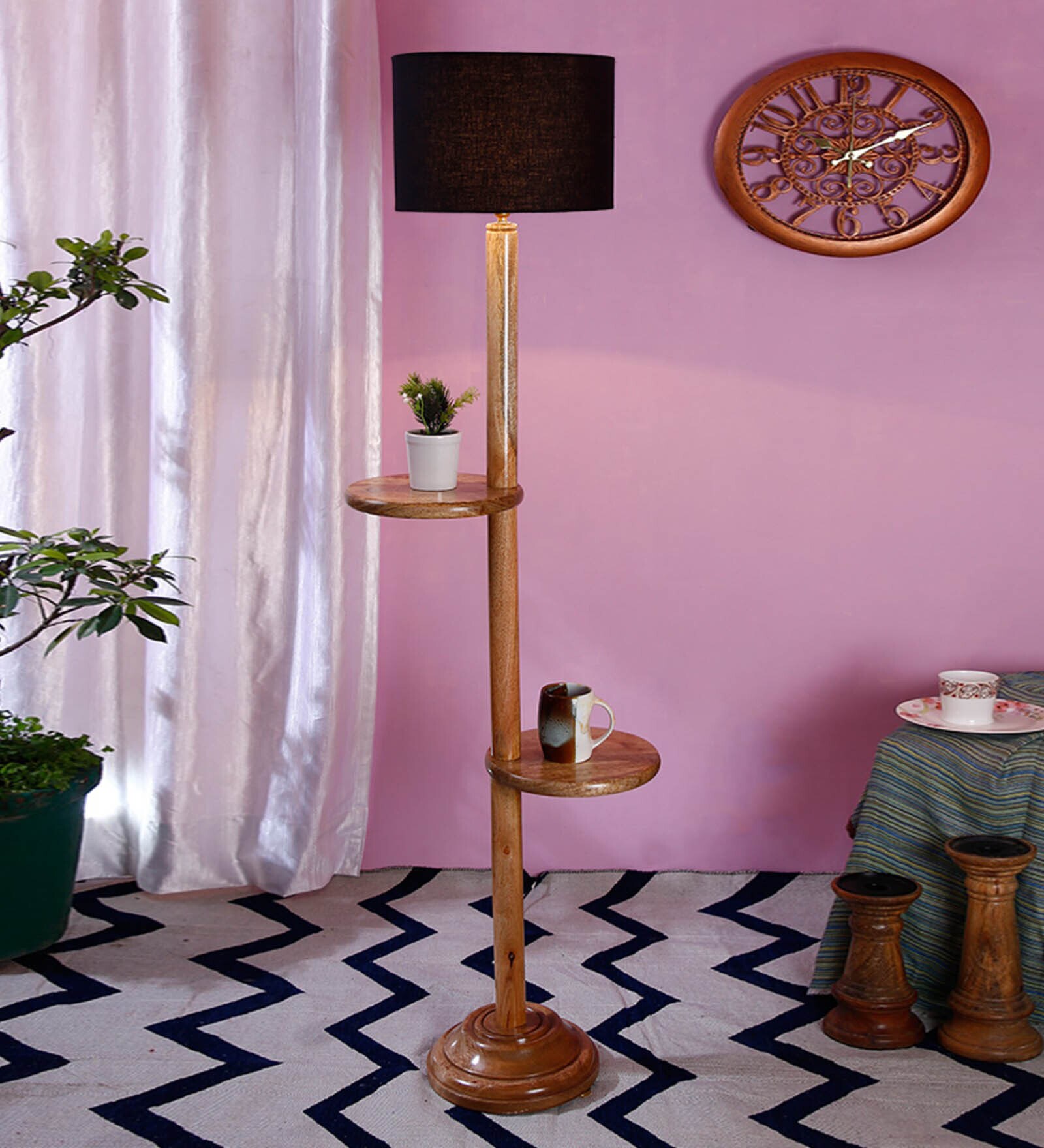 New Era  Black Cotton Drum Shade Wood Natural Table Floor Lamp