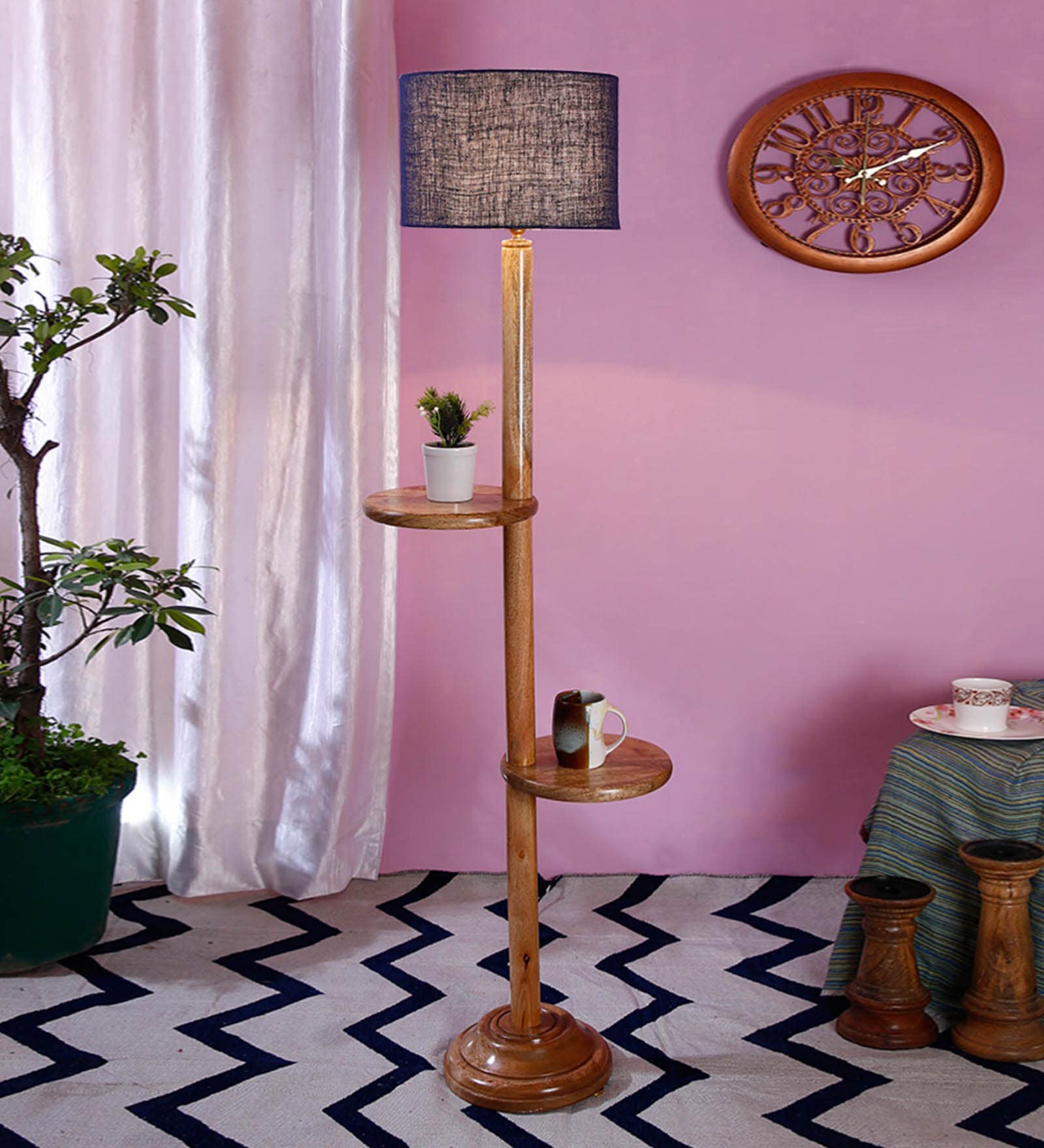New Era  Blue Jute Drum Shade Wood Natural Table Floor Lamp