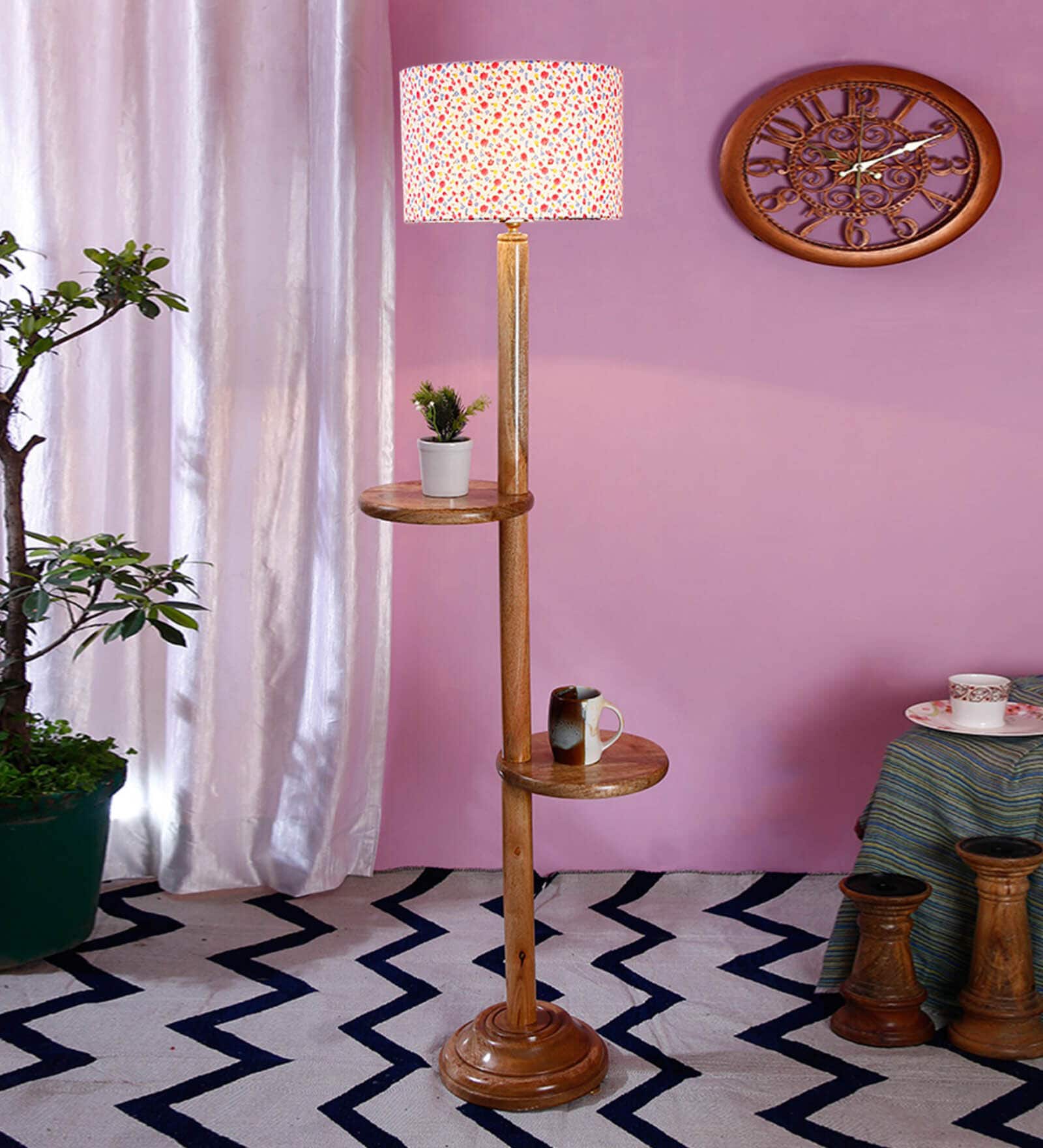 Century Multicolour Cottan Fabric Shade Shelf Floor Lamp With Wood Base
