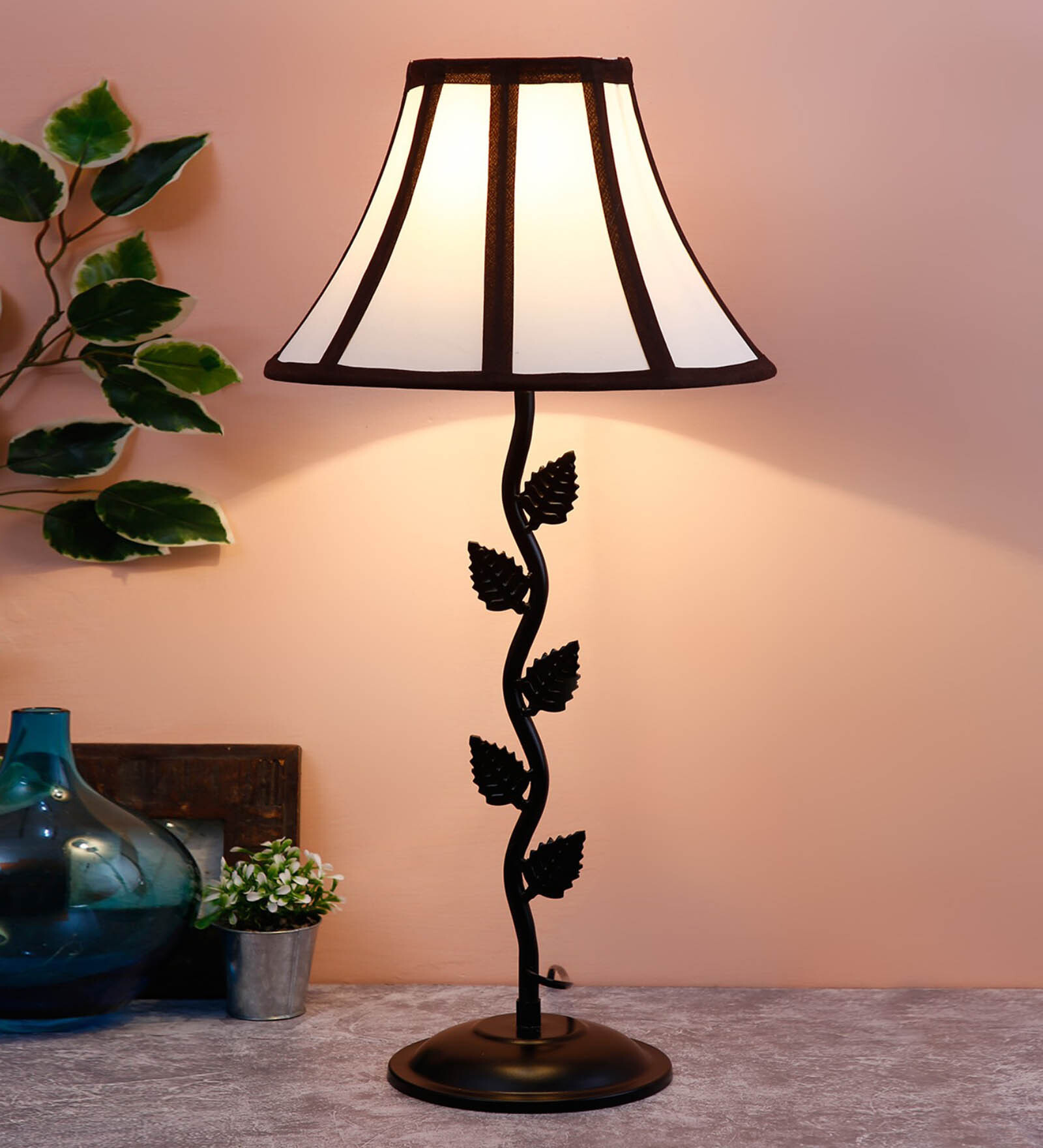 Hobart Multicolour Cottan Fabric Shade Night Lamp With Iron Base