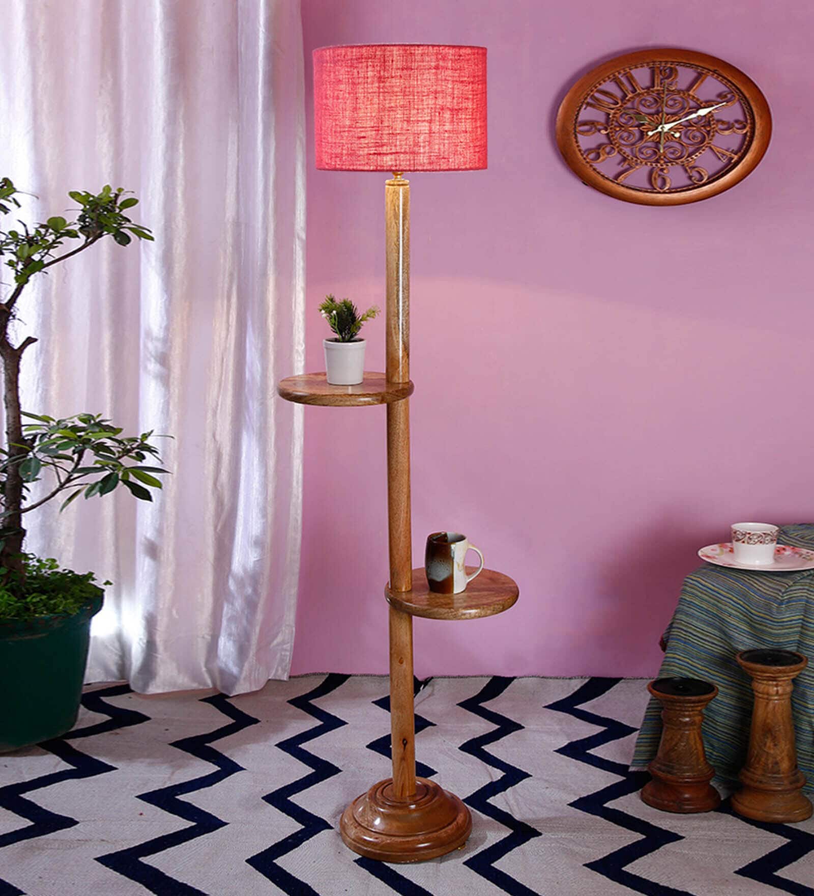Raphael Pink Jute Shade Shelf Floor Lamp With Wood Base