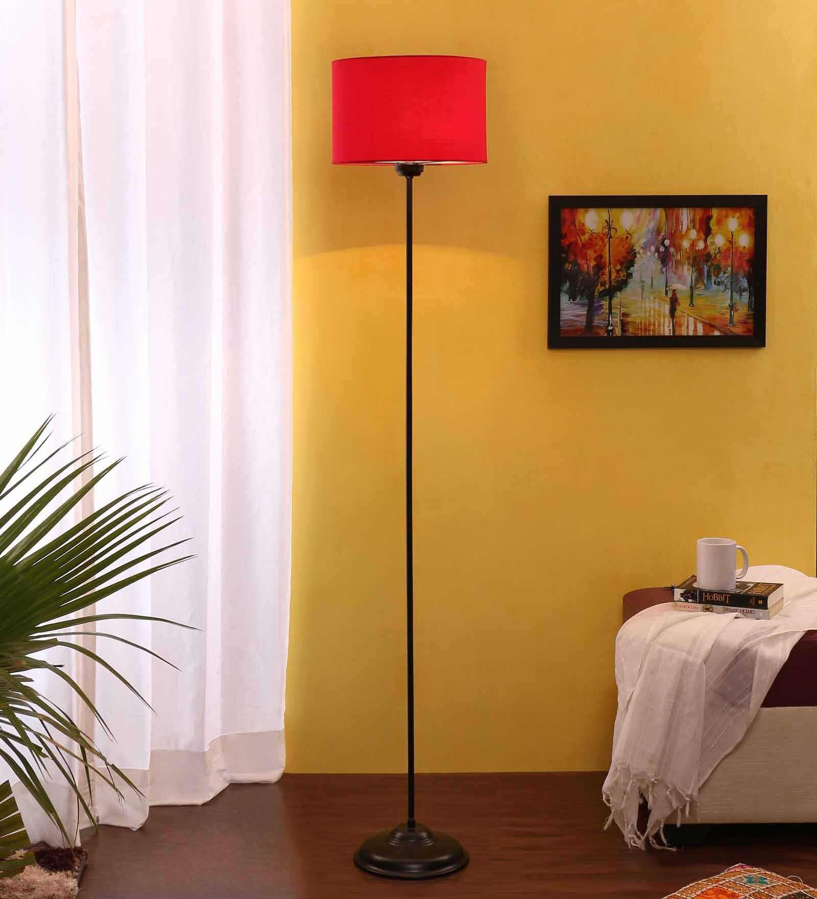 Hazel Red Cottan Fabric Shade Club Floor Lamp With Iron Base