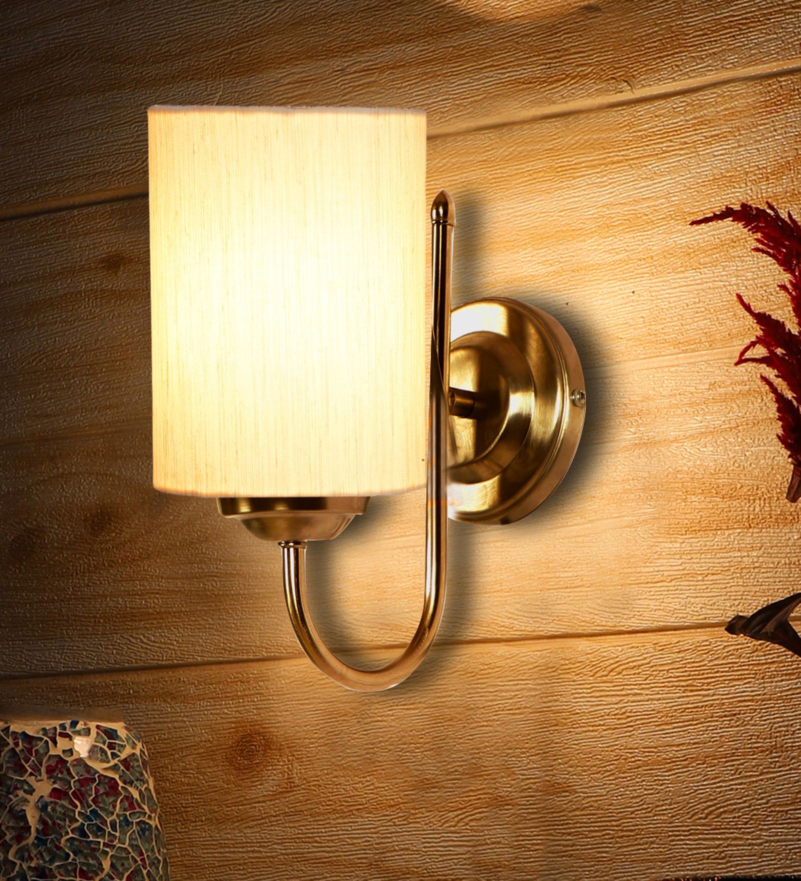 Off White Cotton Wall Mounted Lamp with Steel Base